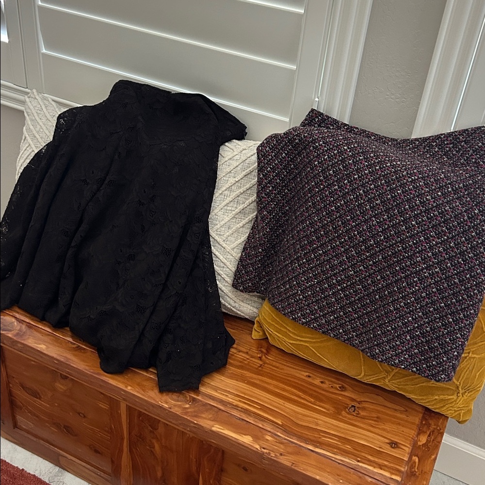 Two skirts.  Long brown lace. Short tweed mini.